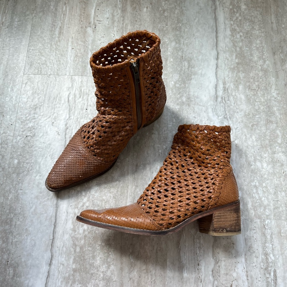 Free People Woven Leather Ankle Boots in Cognac Brown